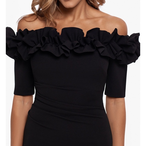 Xscape Black Ruffled Off The Shoulder Maxi Evening Gown NWT - Reemoly - Picture 6 of 16